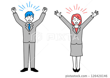 Men and women in suits cheering with banzai (full body) 126428146