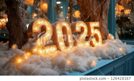 Glowing decorative numbers 2025 surrounded by soft white decorations and lights. 126428167