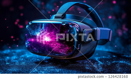 Immersive virtual reality headset showcasing vivid galactic visuals in dark space. 126428168