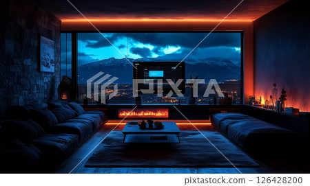 Cozy living room with modern decor and a stunning mountain view at dusk. 126428200