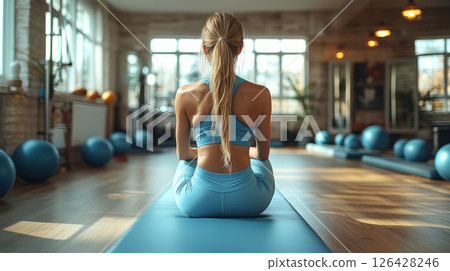 A woman meditating in a bright fitness studio surrounded by yoga equipment. 126428246