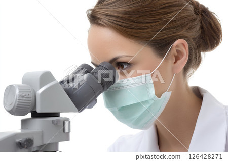 A young female doctor looks through a microscope. AI-generated item 126428271