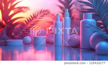 Stylish beauty products among vibrant foliage showcasing modern skincare aesthetics. 126428277