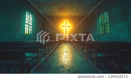 A serene interior of a dimly lit chapel with a glowing cross illuminating the space. 126428372