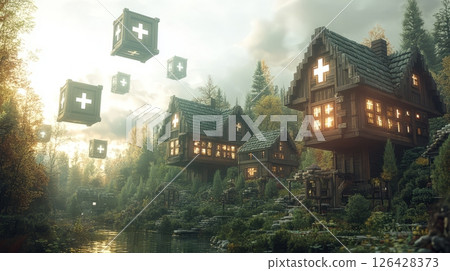 A serene landscape featuring magical wooden houses surrounded by lush greenery and floating cubes. 126428373