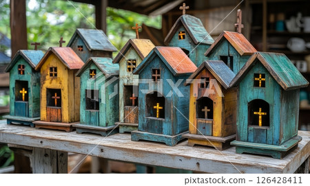 Colorful wooden birdhouses displayed on a rustic table in a vibrant outdoor setting. 126428411