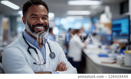 Smiling doctor in a healthcare setting, embodying professionalism and care. 126428449