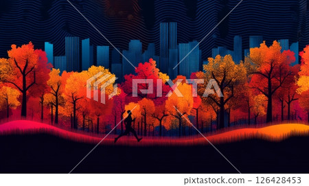 Vibrant autumn landscape with colorful trees and a city skyline in the background. Vibrant autumn landscape with colorful trees and a city skyline in the background. 126428453