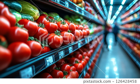 Vibrant grocery aisle showcasing fresh tomatoes and vegetables in a supermarket. 126428458