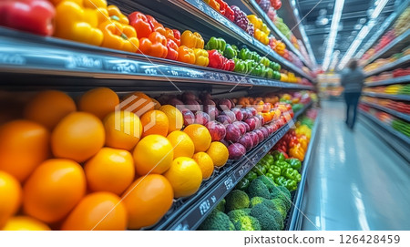Vibrant grocery store shelves filled with fresh fruits and vegetables for healthy living. 126428459