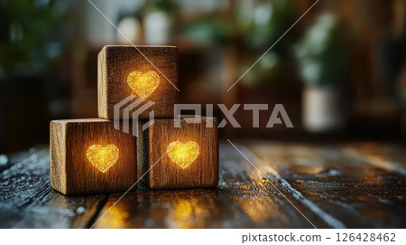 Wooden blocks with glowing hearts create a cozy and inviting atmosphere. 126428462