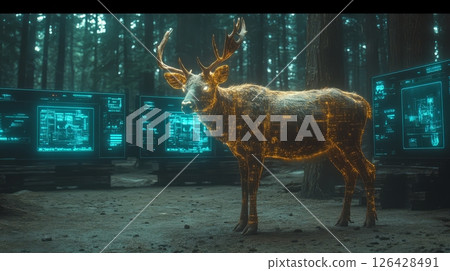 A futuristic deer with glowing features stands in a digital forest environment. A futuristic deer with glowing features stands in a digital forest environment. 126428491