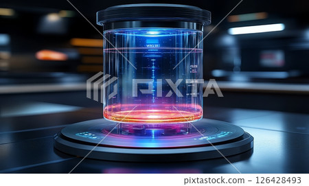 A futuristic glass vessel displaying glowing liquid in a high-tech laboratory. 126428493