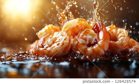 Fresh shrimp splashing in a flavorful sauce, capturing culinary delight in detail. 126428574