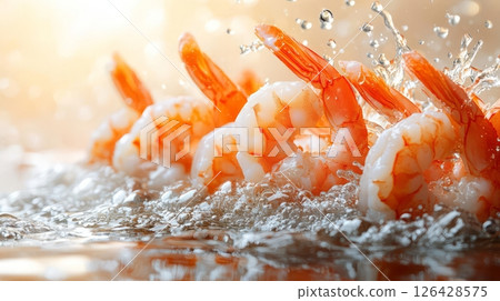 Fresh shrimp splashing in clear water, showcasing vibrant colors and dynamic movement. 126428575