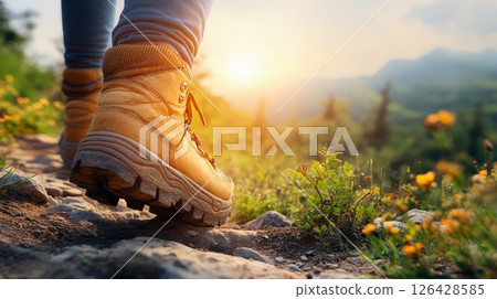 A close-up of hiking boots on a rocky path amidst vibrant natural scenery at sunset. 126428585