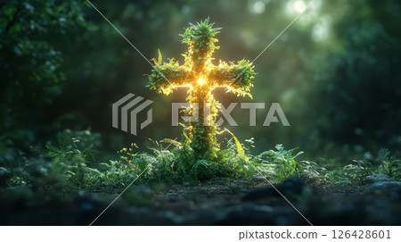A glowing cross made of vibrant green foliage in a serene forest setting. A glowing cross made of vibrant green foliage in a serene forest setting. 126428601