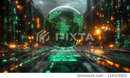 A glowing digital globe symbolizing the future of technology and innovation. 126428602