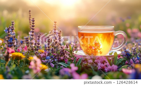 A serene cup of herbal tea surrounded by vibrant wildflowers at sunset. 126428614