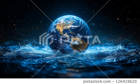 A stunning image of Earth surrounded by water, showcasing its beauty and fragile environment. 126428620