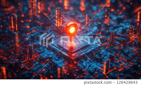 Futuristic cityscape with a glowing location pin highlighting urban mapping technology. Futuristic cityscape with a glowing location pin highlighting urban mapping technology. 126428643