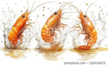 Three vibrant shrimp jumping out of the water, showcasing freshness and vitality. 126428670