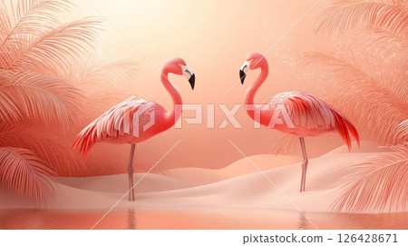 Two elegant pink flamingos standing gracefully in a serene tropical setting. 126428671