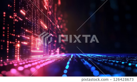Vibrant digital landscape with illuminated lines and colorful data points. 126428673