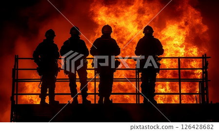Brave firefighters silhouetted against raging flames, showcasing courage in action. 126428682