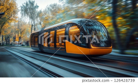 Modern tram gliding along tracks in a vibrant autumn setting. 126428739