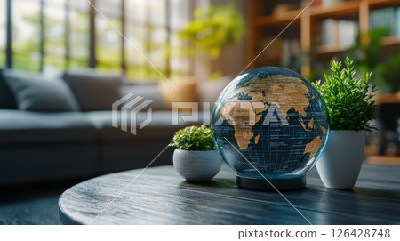 Stylish globe decor on a modern coffee table with green plants in a cozy living room. 126428748