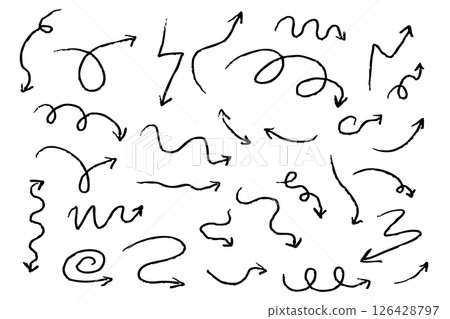 Arrow crayon chalk hand drawn doodle grunge line set. Cursor scribble wavy swirl, comic simple element. Spiral textured direction pointer. Arrow crayon chalk hand drawn doodle grunge line set. Cursor scribble wavy swirl, comic simple element. Spiral textured direction pointer. 126428797