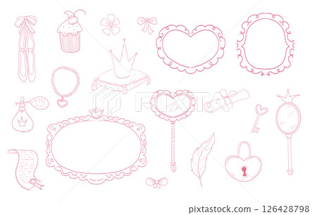 Princess set cute hand drawn sketch. Girl magic fairy mirror, pageant, crown, fairytale fantasy. Royal accessory. Letter and key. Princess set cute hand drawn sketch. Girl magic fairy mirror, pageant, crown, fairytale fantasy. Royal accessory. Letter and key. 126428798