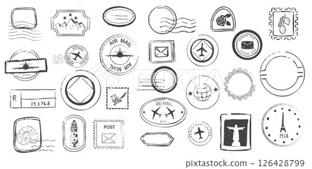 Air mail stamp retro vintage postage sign. Post stamp with plane icon, border template, rubber wavy frame for envelope. Postmark seal design element. 126428799