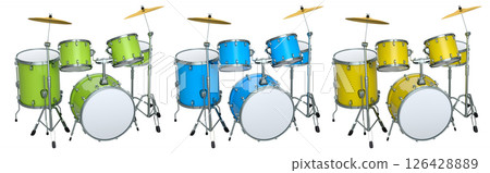 Set of realistic drums with metal cymbals or drumset on white background 126428889