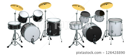 Set of realistic drums with metal cymbals or drumset on white background 126428890