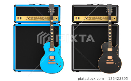 Set of amplifier with acoustic guitar isolated on white background. 126428895