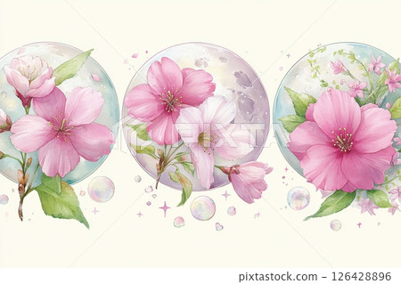 Pink cherry blossoms in front of glowing full moons with dreamy bubbles and sparkles, soft watercolor style perfect for a delicate and feminine tattoo design Pink cherry blossoms in front of glowing full moons with dreamy bubbles and sparkles, soft watercolor style perfect for a delicate and feminine tattoo design 126428896