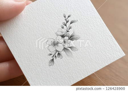 Elegant monochrome floral sketch on textured paper showing delicate blossoms and leaves, ideal for a minimalist tattoo design 126428900