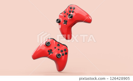 Realistic red azure video game joysticks or gamepads on pink background 126428905