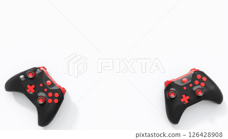 Realistic black video game joysticks or gamepads with color buttons on white 126428908