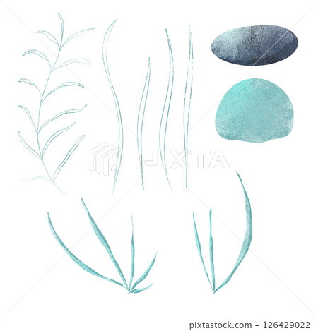 Silhouette and line art of seaweed and pebbles in a watercolor style. Hand-drawn digital illustration for kids' books, nursery decor, and educational materials Silhouette and line art of seaweed and pebbles in a watercolor style. Hand-drawn digital illustration for kids' books, nursery decor, and educational materials 126429022