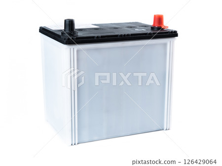 Single gray car battery isolated on white background. Compact automotive power unit designed for passenger vehicles. Ideal for catalog or online store. Single gray car battery isolated on white background. Compact automotive power unit designed for passenger vehicles. Ideal for catalog or online store. 126429064