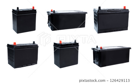 Six black car batteries of different sizes isolated on white background. Automotive power units for light vehicles and trucks. Ideal for catalog or shop. Six black car batteries of different sizes isolated on white background. Automotive power units for light vehicles and trucks. Ideal for catalog or shop. 126429113