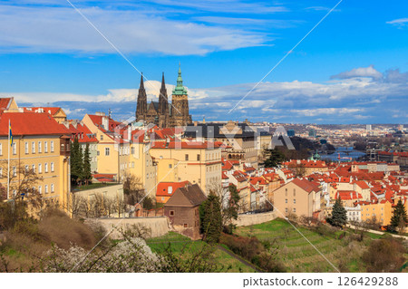 Beautiful landscape of the old town and the Hradcany (Prague Castle) with St. Vitus Cathedral in Prague, Czech Republic 126429288
