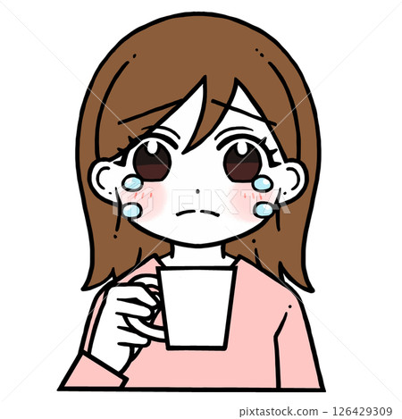 Illustration of a woman crying with tears holding a cup Illustration of a woman crying with tears holding a cup 126429309