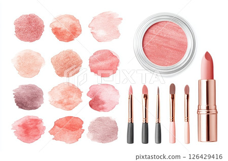Cosmetic-themed flat lay with blush-toned watercolor swatches, rose gold brushes, coral lipstick, and compact blush on a white background 126429416