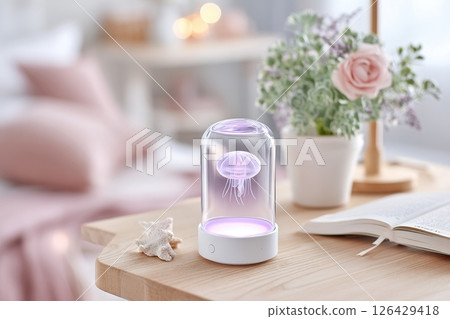 Glowing jellyfish lamp on wooden nightstand in cozy pastel bedroom with soft pillows, floral decor and open book 126429418