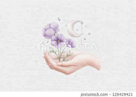 Delicate hand holding purple flowers with floating crescent moon and stars in soft pastel tones, watercolor style on textured paper background 126429421