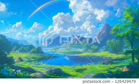 山湖風景與彩虹，動漫風格 126429479